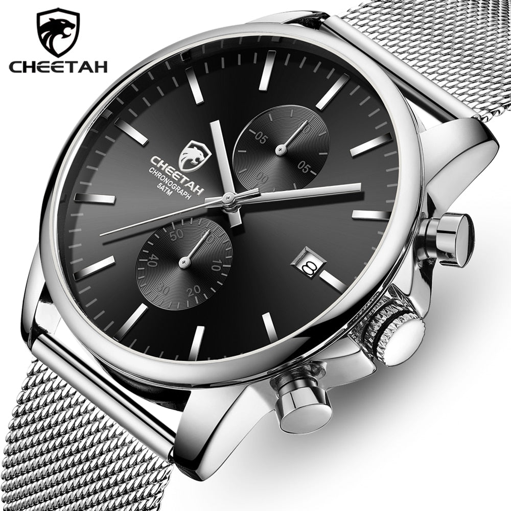 CHEETAH Top Brand New Fashion Mens Watches with Stainless Steel Band Sports  Chronograph Quartz Watch Men Relogio Masculino Black Gold