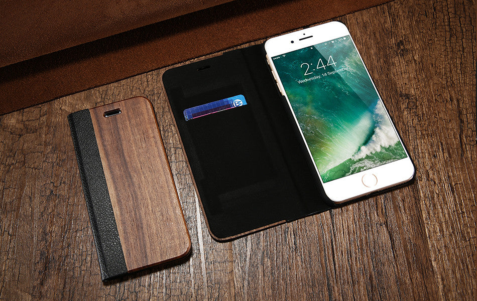 KISSCASE Wood and Leather Fusion Flip Wallet Case For iPhone 6,