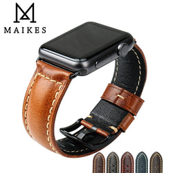 MAIKES Oil Wax Genuine Leather Strap Band For Apple Watch Series 1, 2, 3, 4, 5 - Stainless Steel Black or Silver Buckles