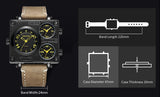 MEGIR Official Branded ML2069G Triple Time Zone Dial Luxury Stainless Steel Square Men's Quartz Watch - Sapphire Crystal Glass