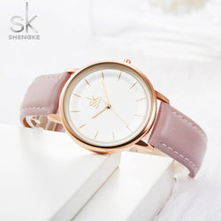 Shengke Simple Minimalist Design Genuine Leather Quartz Women's Watch