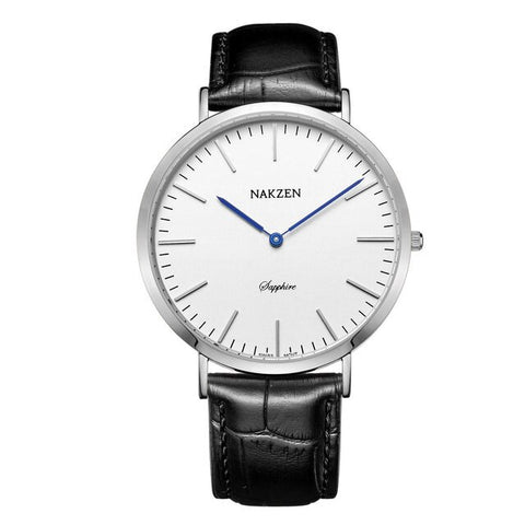 NAKZEN Official Branded SL4050G Luxury Stainless Steel Slim Men's Quartz Watch - Sapphire Crystal Glass - Genuine Leather Strap