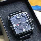 MEGIR Luxury Square Design Stainless Steel Men's Watch with Quartz Chronograph and Genuine Leather Strap