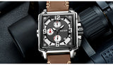 MEGIR Luxury Square Design Stainless Steel Men's Watch with Quartz Chronograph and Genuine Leather Strap