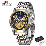 HAIQIN Official Branded HQ-8506 Luxury Hollow Flywheel Stainless Steel Mechanical Men's Watch - Automatic Gold Skeleton Tourbillon Self-Winding Movement - Moon Phase Display - Sapphire Crystal Glass
