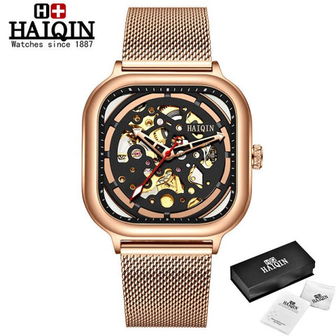 HAIQIN Official Branded HQ-8202 Luxury Stainless Steel / Leather Square Mechanical Men's Watch - Automatic Skeleton Self-Winding Movement