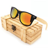 BOBO BIRD Bamboo Sunglasses with Mirrored Polarised Lens, Black Frame and Wooden Gift Box